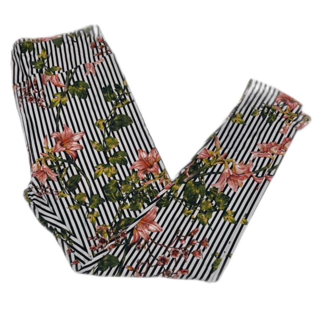 LuLaRoe Womens Leggings Size TC Black Peach Pink Lilies Floral Stripes NWT